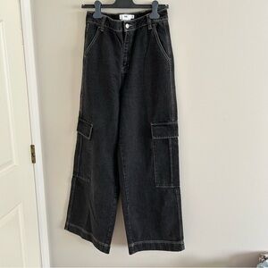 Twik for Simons Women's Faded Black ultra wide leg Cargo Jeans size 29 EUC!